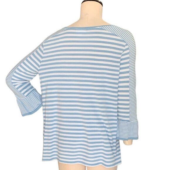 J. Jill Striped 3/4 Flounce Bell Sleeve Tee Top Sz M Blue & White #132G - Picture 4 of 7